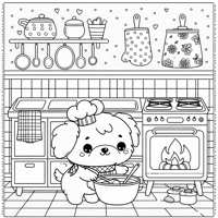 Cute Dog Making Dinner In A Cute Kitchen Coloring Page