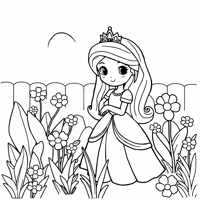 A Princess Walking In The Castles Garden Full Of... Coloring Page