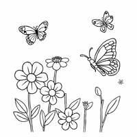 Draw A Scene With Flowers And Butterflies... Coloring Page