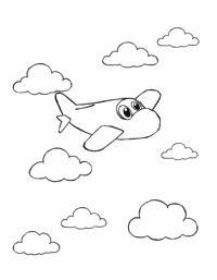 Airplane With Smiling Face Flying Through Fluffy... Coloring Page