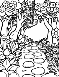 Garden Path Lined With Roses Tulips And Daffodils... Coloring Page