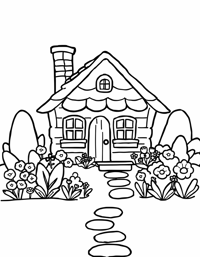 Cottage Surrounded By A Garden Full Of Colorful... Coloring Page