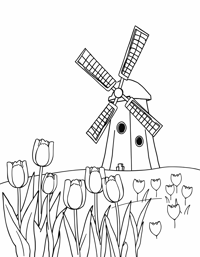 Field Of Tulips With A Traditional Dutch Windmill... Coloring Page