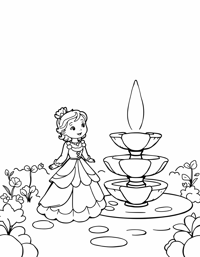 Princess Standing Beside A Glowing Fountain With Coloring Page