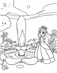 Princess Standing Beside A Glowing Fountain With Coloring Page