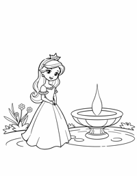 Princess Standing Beside A Glowing Fountain With Coloring Page