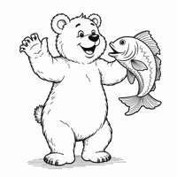 A Bear Dancing With A Fish And Little Red Riding... Coloring Page