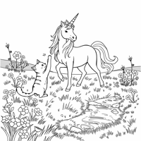 Cat Playing With Unicorn Coloring Page