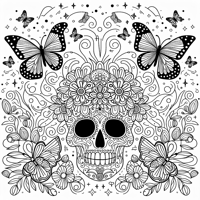 Mexican Day Of The Dead With Butterflies Around It... Coloring Page