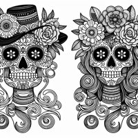 Two Beautiful Sugar Skulls That One Has A Hat And... Coloring Page
