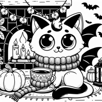A Vampire Cat Wearing A Soft Woolen Scarf Sipping... Coloring Page