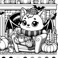 A Vampire Cat Wearing A Soft Woolen Scarf Sipping... Coloring Page