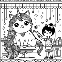 A Unicorn Cat Being Groomed By A Girl At The Salon Coloring Page