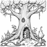 A Fantasy Forest Scene Featuring A Grand Tree... Coloring Page