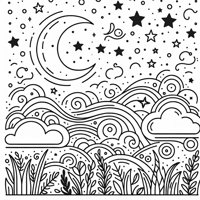 Abstract Sky Stars Moon And Clouds Coloring Page