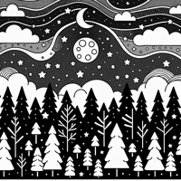 Abstract Forest Sky Stars Moon And Clouds With... Coloring Page