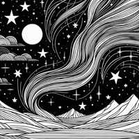 Abstract Stars And Moon With Northern Lights Coloring Page