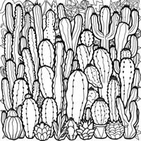 A Variety Of Cactus In A Pattern With Bold Lines Coloring Page