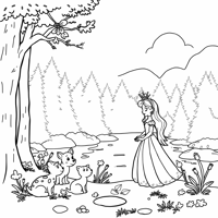 Princess And Cute Forest Animals By A Lake Coloring Page