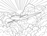 Airplane Flying Through A Cloudy Sky With Sunlight... Coloring Page