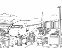 Airplane At A Gate With Workers Loading Luggage Coloring Page