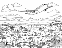 Airplane Flying Above A Safari Landscape With... Coloring Page