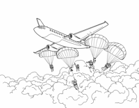 Airplane With A Parachute Team Jumping Out Midair Coloring Page