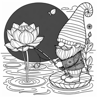 A Garden Gnome Fishing On A Lotus Leaf Coloring Page