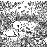 A Bunny In A Meadow With Flowers And Other Furry... Coloring Page