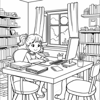 A Little Girl Sitting At A Computer Coloring Page