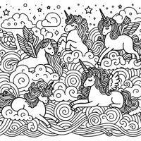Clouds Unicorns Coloring Page