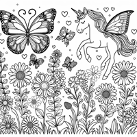 Butterflies Flowers Unicorns Coloring Page