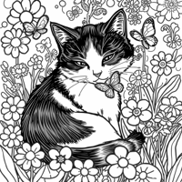 Tricolor Cat Curled Up Playing With A Butterfly... Coloring Page