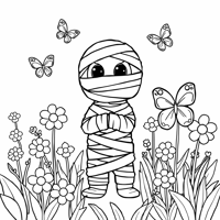 Cute Mummy In A Flower Garden With Butterflies Coloring Page