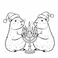 Cute Capybaras With Santa Hats Lighting A Menorah Coloring Page