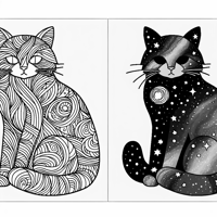 Rainbow Cat And Galaxy Cat Together Coloring Page