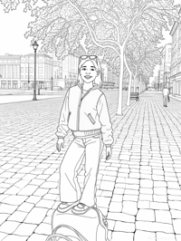A Girl Is Standing On A Sidewalk Posing For A... Coloring Page