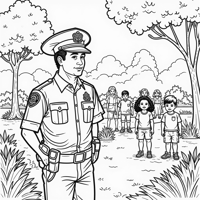 Police Officer In Uniform At A Park With Kids... Coloring Page