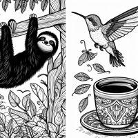 A Split Image With A Sloth Relaxing On A Branch On... Coloring Page