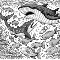 Shark Fighting A Whale While The Fish Cheer From... Coloring Page