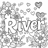 The Name River With Flowers And Hearts Coloring Page