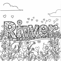 The Name River With Flowers And Hearts Coloring Page