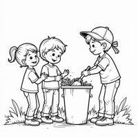 Children Cleaning Trash Coloring Page