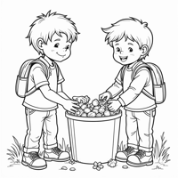 Image Of Elementary School Students Cleaning Up... Coloring Page