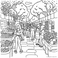 86th Scene Girl Browsing A Weekend Farmers Market... Coloring Page