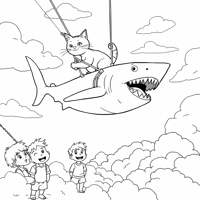 A Cat Riding On Top Of A Shark That Is Sailing... Coloring Page