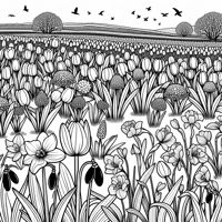 Field Of Tulips Daffodils Muscari Snowdrops In... Coloring Page