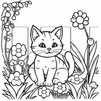 Cat Playing In The Garden Coloring Page