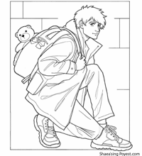 A Man Is Sitting On The Ground With A Red Backpack... Coloring Page