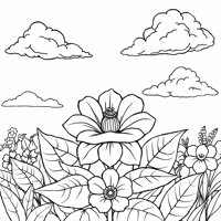 Flower In The Garden With Cloud In The Sky Coloring Page